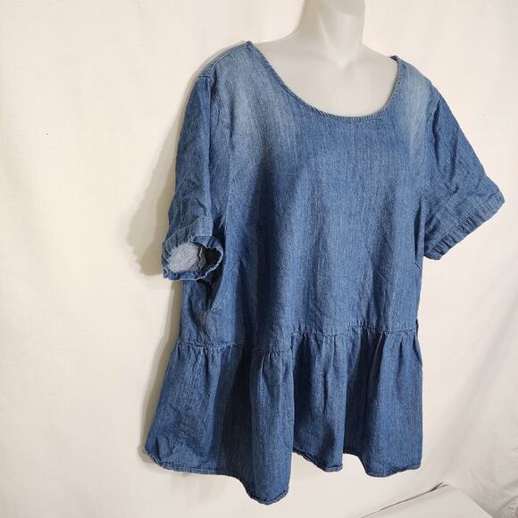 Lane Bryant Womens Top Size 22/24 Blue Peplum Light Wash Chambray Denim Tie Back - Picture 4 of 10